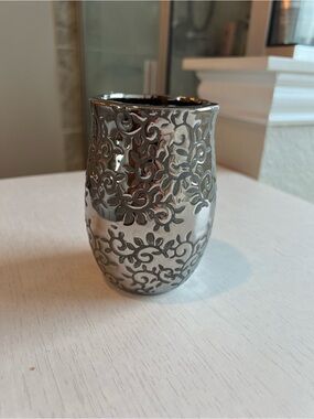 Ornate Silver Filigree Ceramic Accent Vase